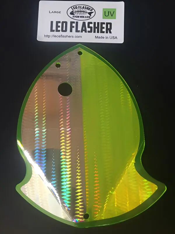 Green and yellow holographic fishing lure flasher.