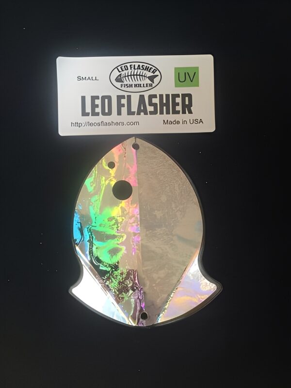 Holographic fish-shaped lure with label.