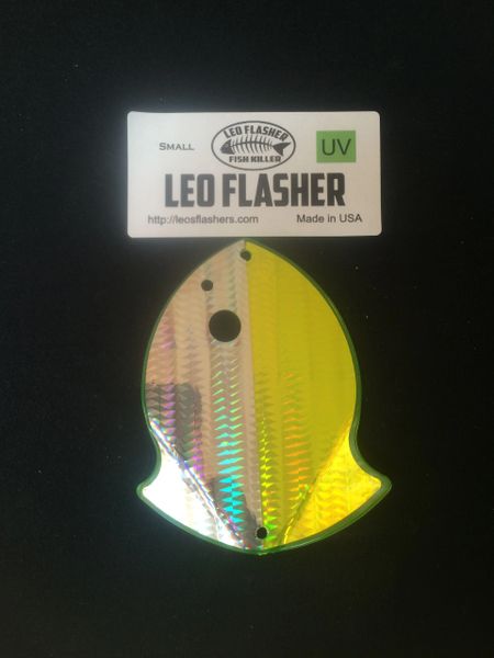 Holographic Leo Flasher fishing lure with a yellow head and reflective body.